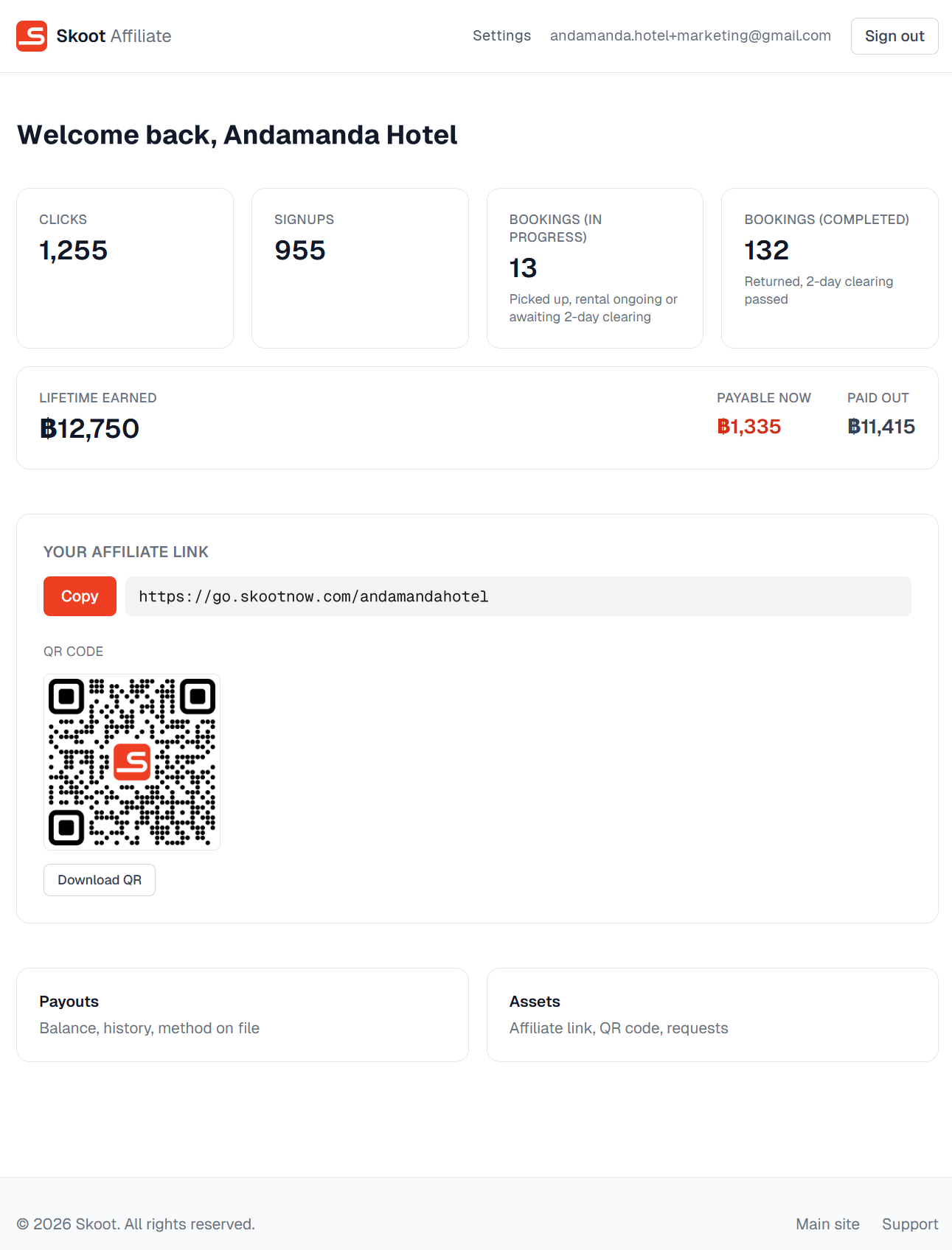 Skoot affiliate dashboard showing clicks, signups, bookings, lifetime earnings, payable balance, and the affiliate's unique link and QR code